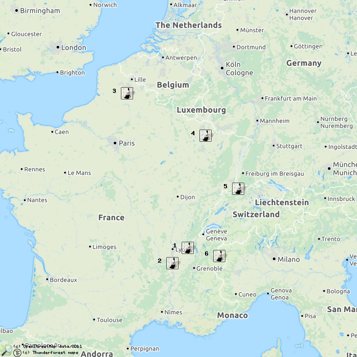 Kaart met in- en uitstap punten van de Baantjes en wildwater stadions in Frankrijk 