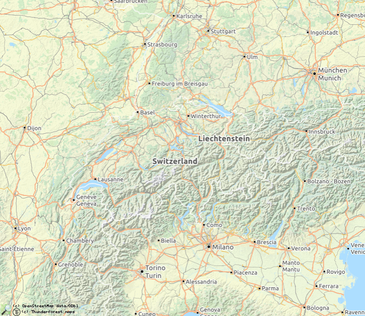 Kaart met beschreven rivieren in Zwitserland 