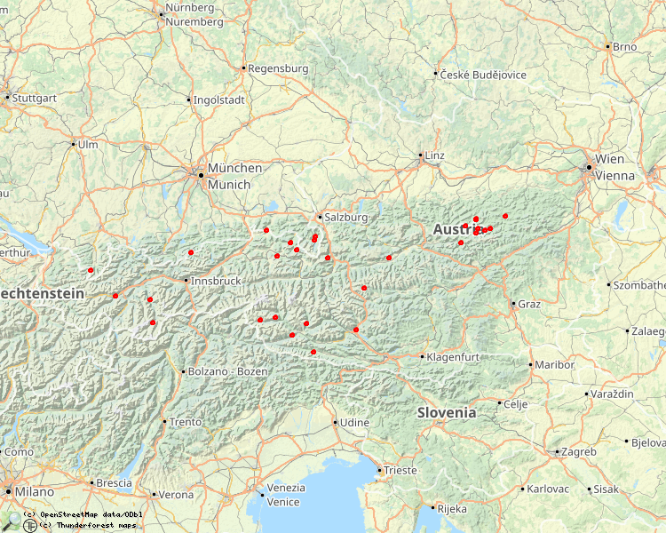 Kaart met beschreven rivieren in Oostenrijk 