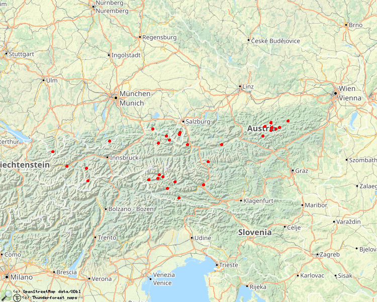 Kaart met beschreven rivieren in Oostenrijk 